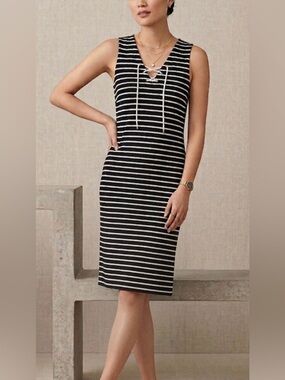 Lauren Ralph Lauren Sleeveless Lace Up Neck Dress Size SP Navy White Striped